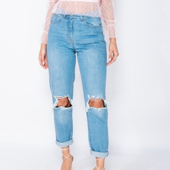 Denim - Blue High Waist Distressed Ripped Cuffed Boyfriend Jeans Denim Pants